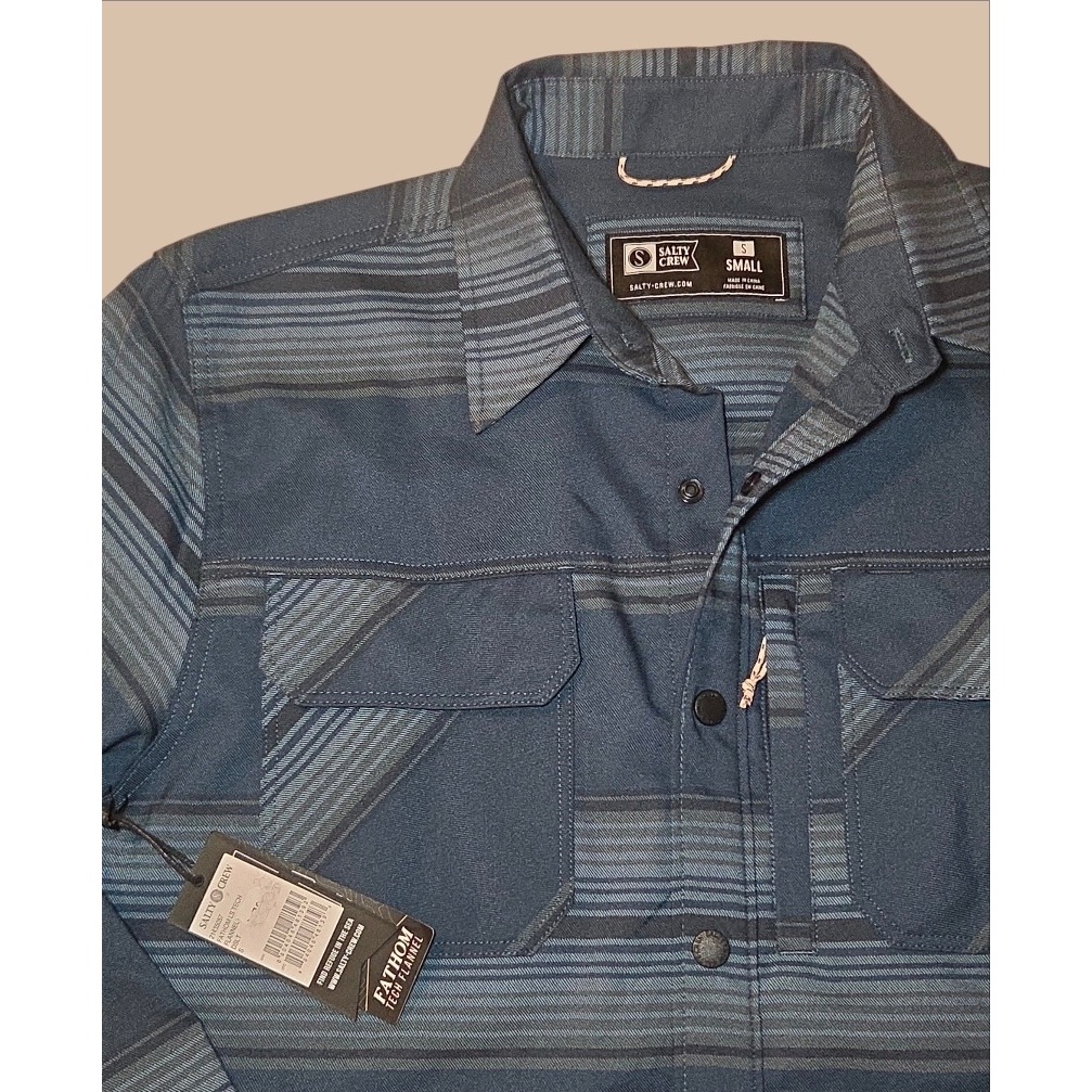 Salty Crew Fathom Ls Tech Flannel Shirt Mens Small Blue Striped Snap Front — image 4 of 7